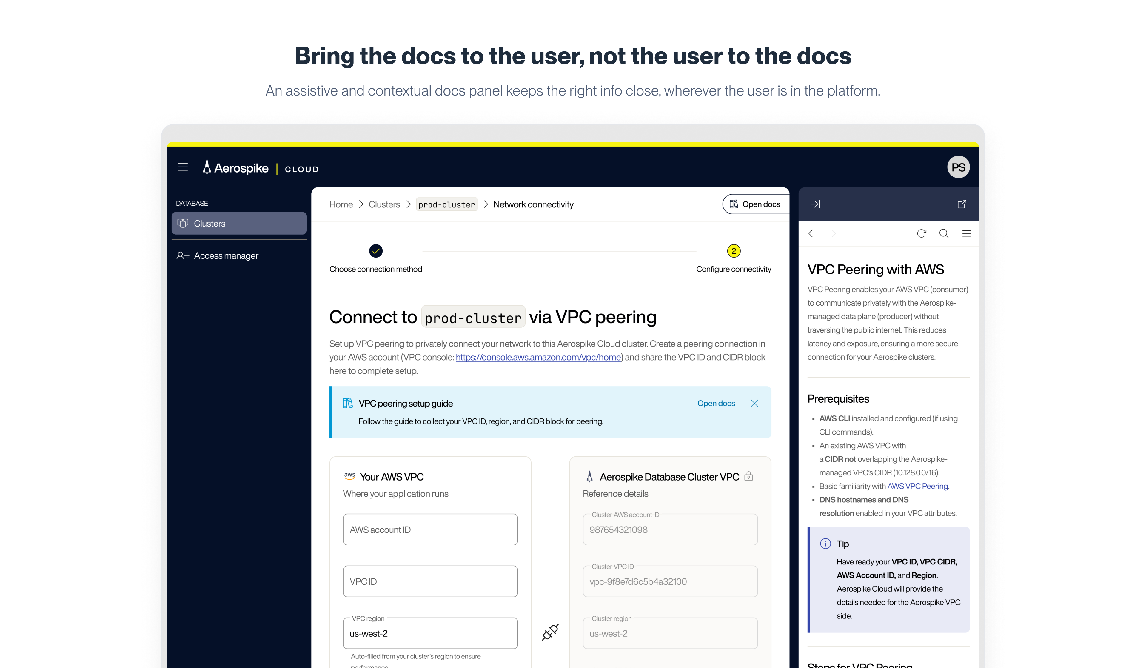 Contextual documentation panel open during VPC peering setup